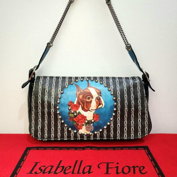 Isabella Fiore Bull Terrier Rare Spoiled Dog Tag Chain & Roses Handbag